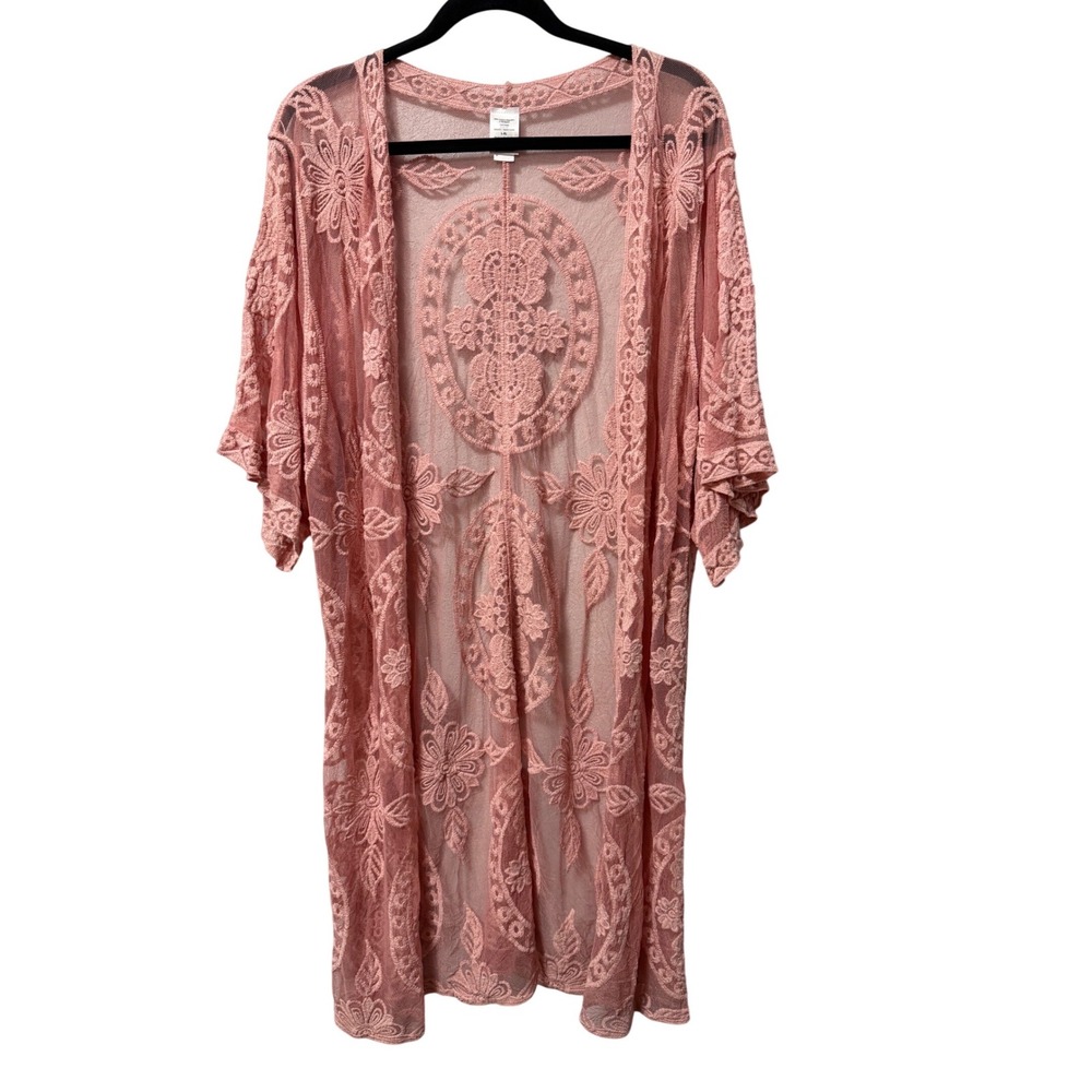 Pink Floral Lace Mesh Open Front Kimono Cardigan L-XL Boho Layering Cover Up